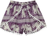 Purple Pom Pom Cross Shorts with Elephant Print