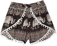 Black White Elephant Print Shorts in Cross Design Cotton Poms