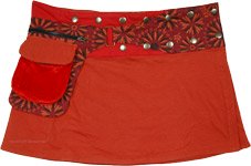 Red A-Line Mini Wrap Around Skirt with Velvet Pocket