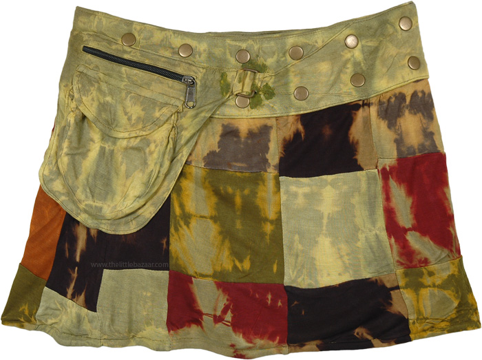 Olive Toned Snap Wrap Tie Dye Patchwork Mini Skirt