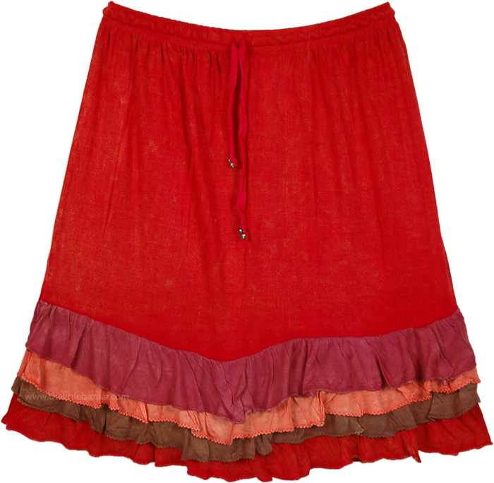 Bright Red Short Skirt with Frilled Hem and Elastic Waist