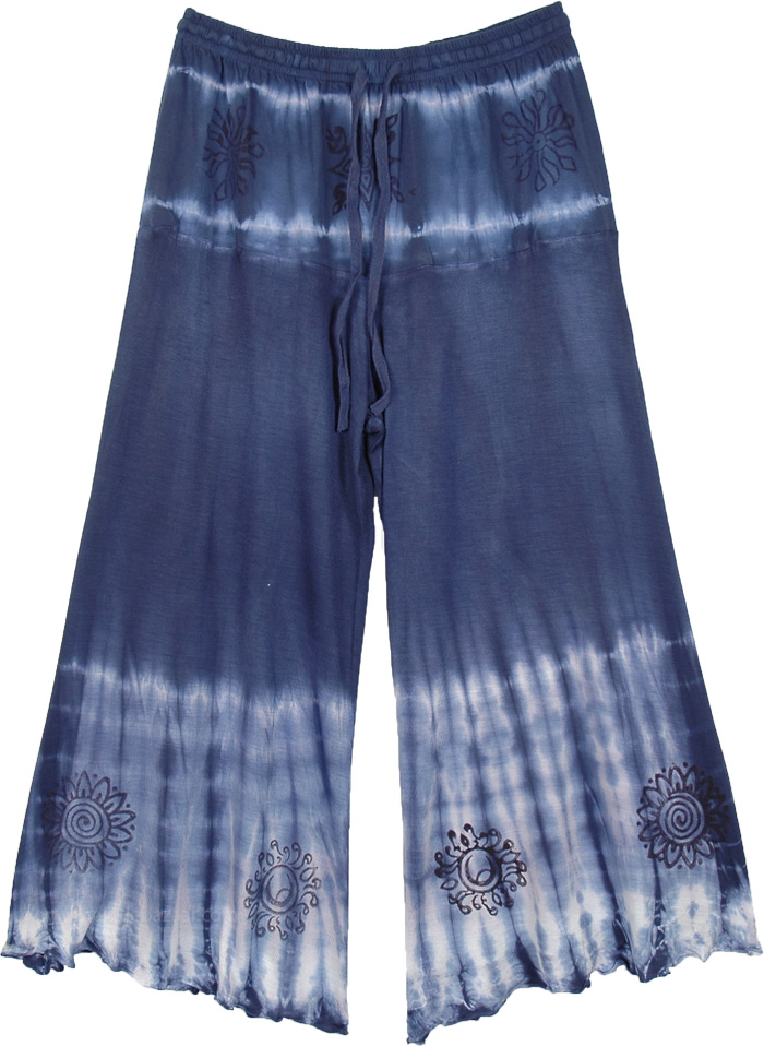 Ocean Waves Blue Boho Tie Dye Capri with Elastic Waist
