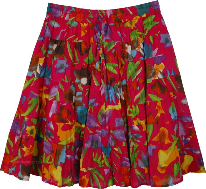 Crimson Red Hip Hop Short Flared Skirt with Floral Tiers