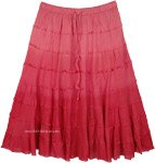 Rosy Red Ombre Tiered Summer Knee Length Skirt