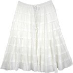 Solid White Knee Length Tiered Summer Skirt