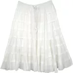 Solid White Knee Length Tiered Summer Skirt