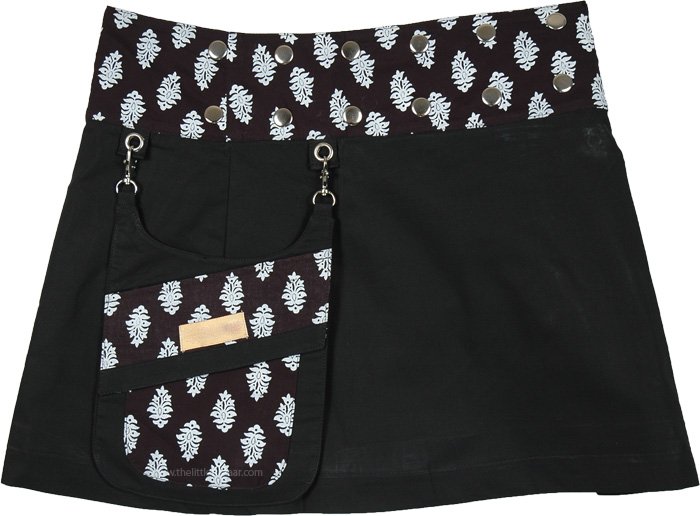 Reversible Button Wrap Black Short Skirt with White Buds