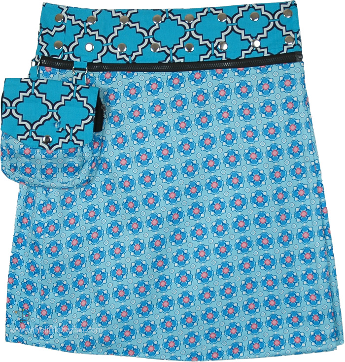 Blue Quatrefoil Convertible Two-Print Wrap Knee Skirt