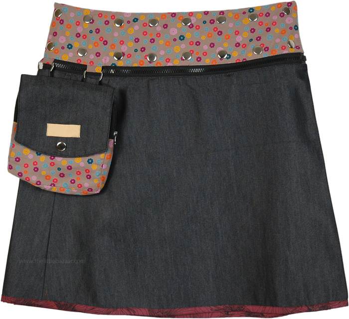 Vertical Floral Panels Reversible Short Wrap Skirt with Pockets