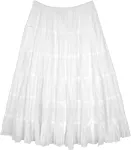 Milky White Crinkled Cotton Midi Skirt with Tiers