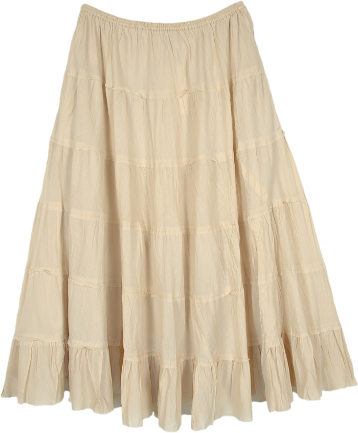 Sweet Cream Beige Tiered Cotton Midi Skirt