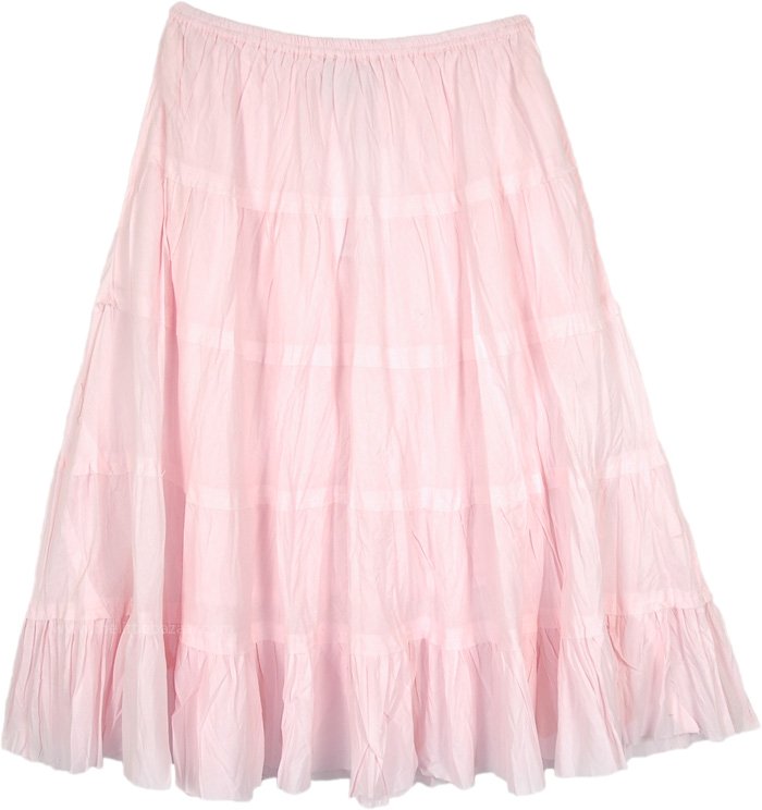 Baby Pink Crinkled Cotton Short Skirt with Tiers