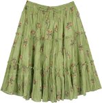 Olive Green Crinkled Cotton Tiered Short Skirt