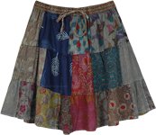 Grey Patchwork Multi Print Cotton Short Skirt
