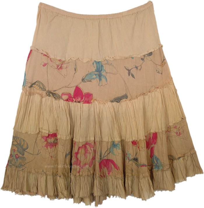 Beige Love Crinkled Short Skirt with Floral Tiers