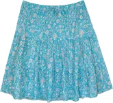 Icy Blue Floral Prints Tiered Summer Short Skirt