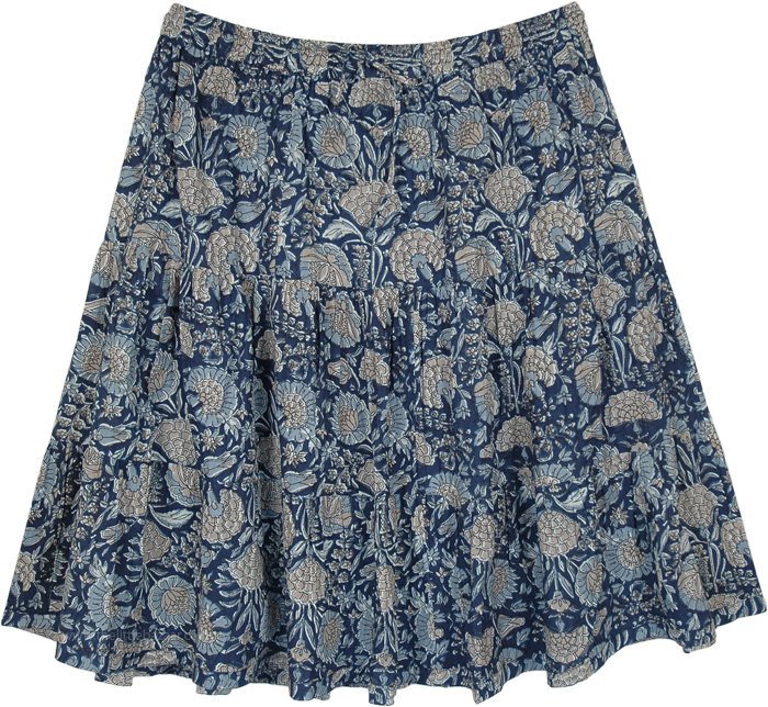 Floral Blue Night Three Tier Cotton Skirt