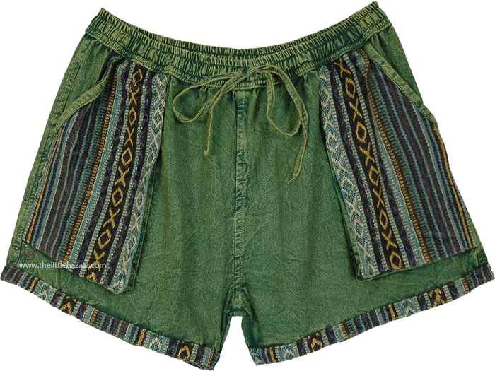 Chalet Green Patchwork Cotton Shorts
