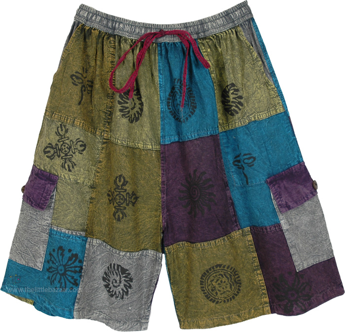 Olive Teal Patchwork Unisex Festival Long Shorts
