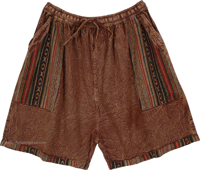 Rustic Brown Tribal Trim Long Shorts with Pocket