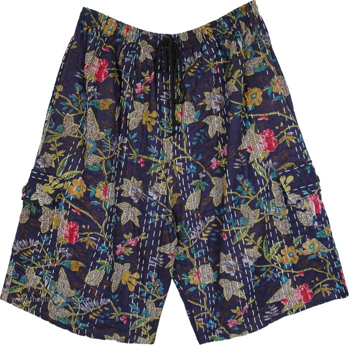 Navy Garden Handicraft Kantha Boho Bermudas