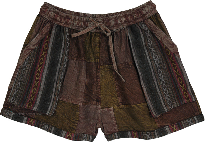 Rock Brown Patchwork Cotton Shorts