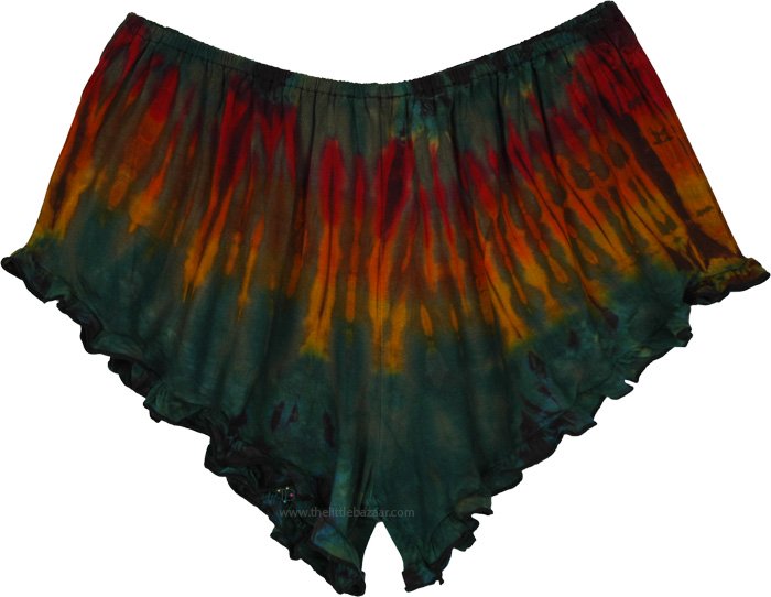 Emerald Flame Tie Dye Ruffled Rave Booty Shorts