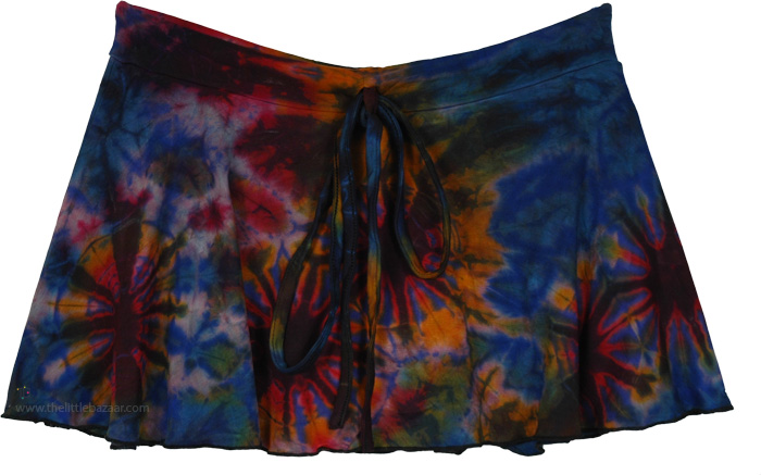 Boho Spandex Tie Dye Skorts for Women with Flexible Drawstring, Galaxy Blue Tie-Dye Skirt with Built-in Shorts