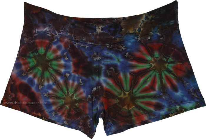 Boho Spandex Tie Dye Shorts for Women, Lush Amazon Tie Dye Stretchy Active Shorts