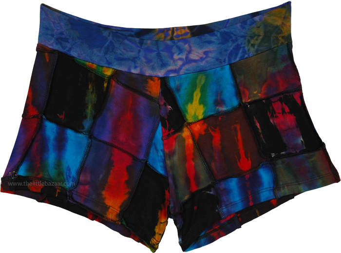 Boho Spandex Tie Dye Shorts for Women, Electric Tie Dye Patches Soft Stretchy Shorts