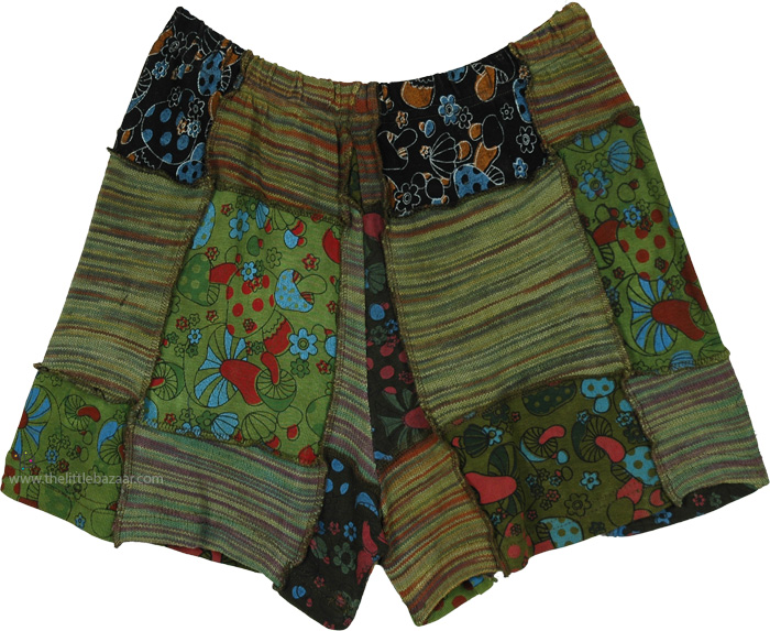 Striped Inspired Cotton Boho Patchwork Shorts, Forest Floor Shroom Hippie Patchwork Shorts