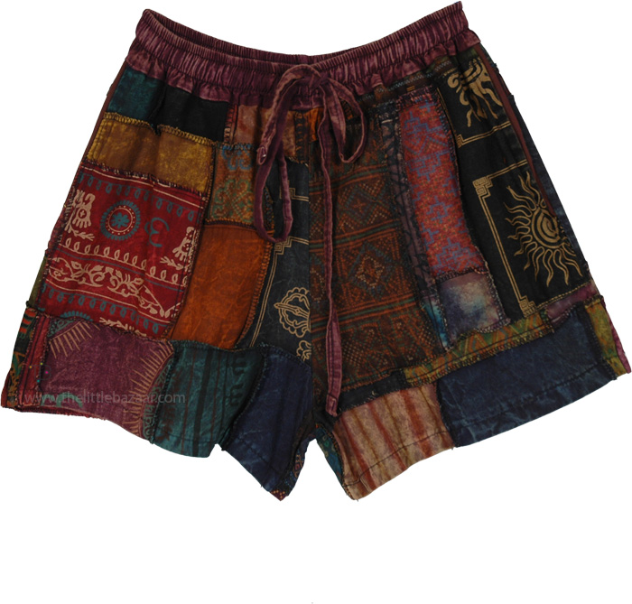 Sunfaded Boho Patchwork Drawstring Shorts