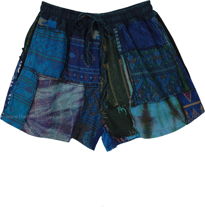 Ocean Tie-Dye Boho Patchwork Drawstring Shorts