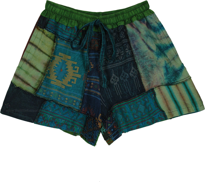 Emerald Tide Patchwork Boho Nomad Shorts
