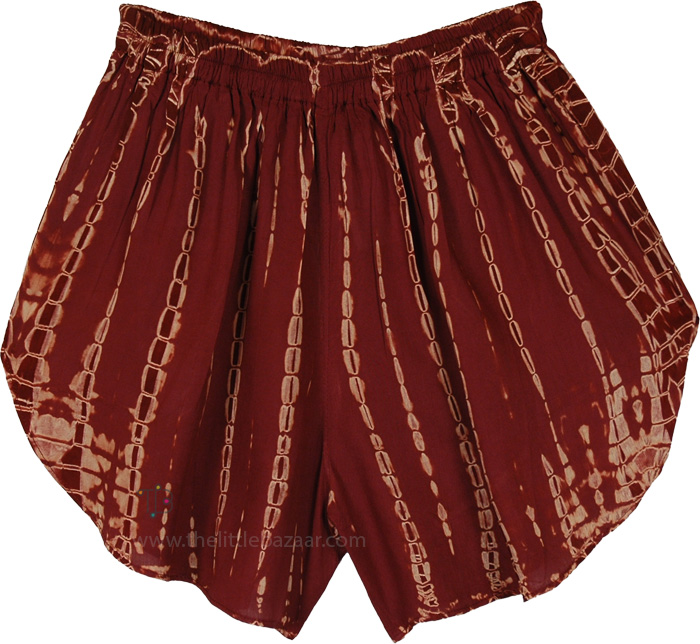 Red Boho Rayon Shorts for Women with Elastic Drawstring Waist, Terracotta Tie-Dye Boho Shorts with Pockets