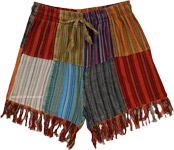 Playful Fringe Striped Patchwork Hippie Shorts