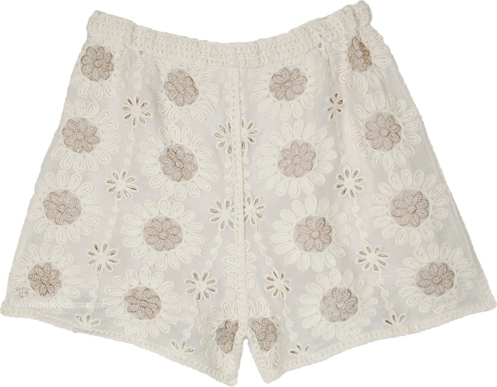 Beige Cream Floral Embroidered Crochet Shorts