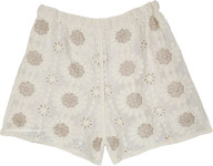 Beige Cream Floral Embroidered Crochet Shorts