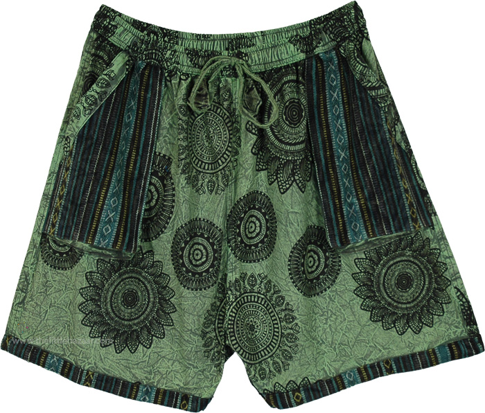 Lichen Green Mandala Cotton Boho Shorts