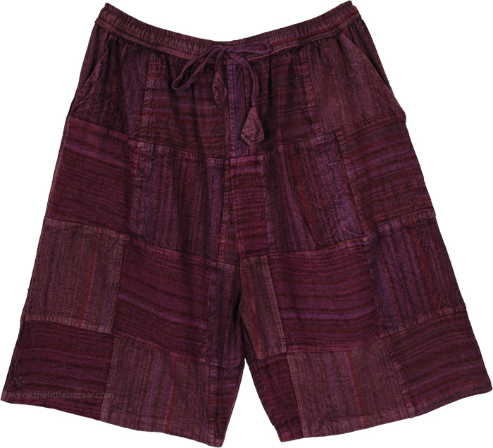 Precious Purple Cotton Patchwork Long Boho Shorts, Artisanal Plum Woven Patchwork Boho Shorts