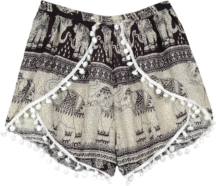 Black and White Pom Pom Cross Shorts with Elephants