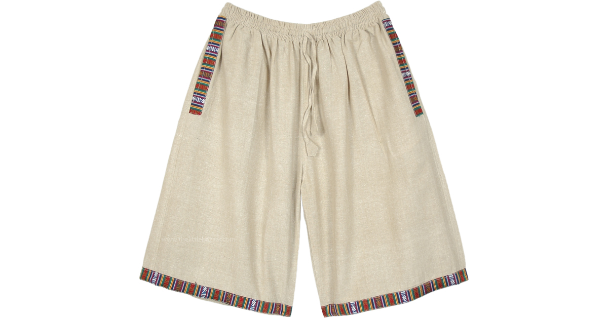 Bohemian Beige Woven Long Cotton Shorts with Pockets | Shorts | Beige ...