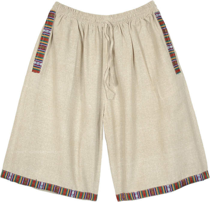 Bohemian Beige Woven Long Cotton Shorts with Pockets