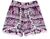 Lounge Shorts with Pompoms in Purple and White [8040]