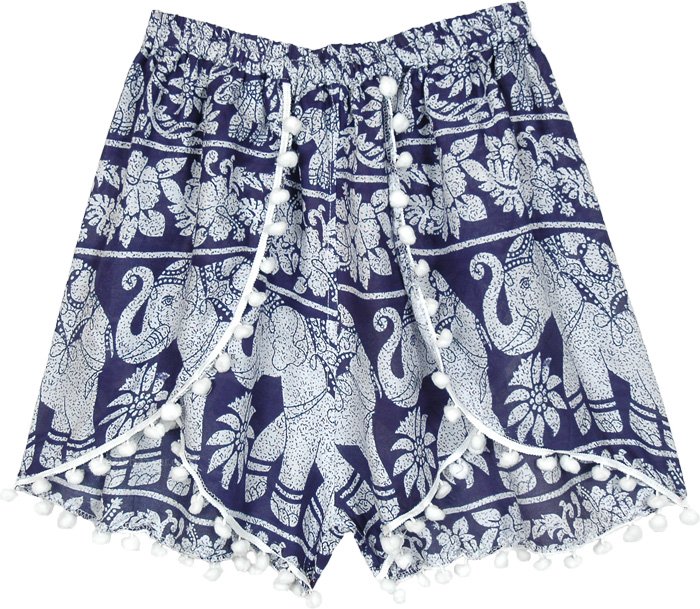 Navy White Elephant Print Hippie Shorts with Pompoms