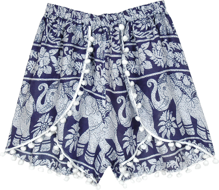 Navy White Elephant Print Hippie Shorts with Pompoms | Shorts | Blue ...