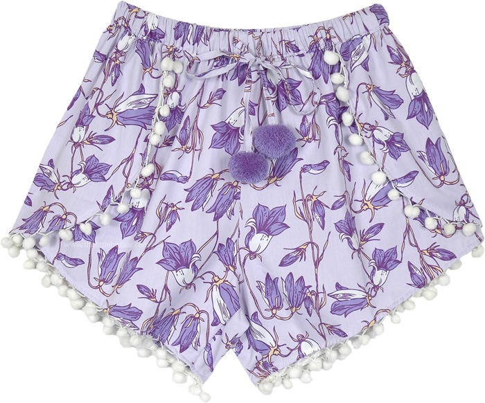 Lilac Flower Whimsical Pompom Summer Shorts