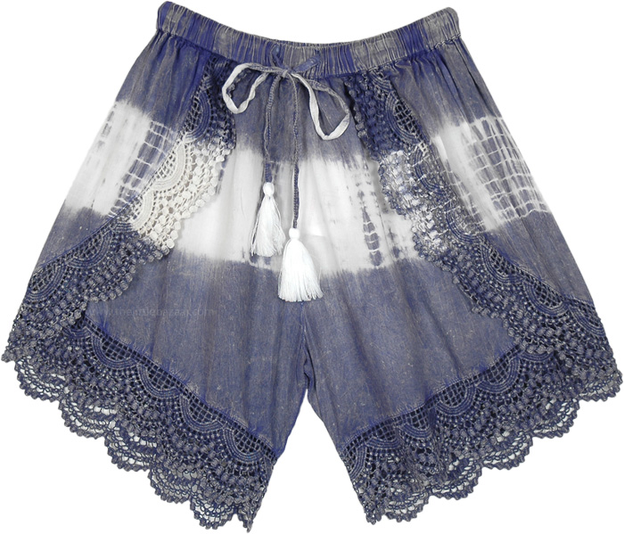 Steel Blue Cross Shorts with Tie Dye and Crochet Bottom
