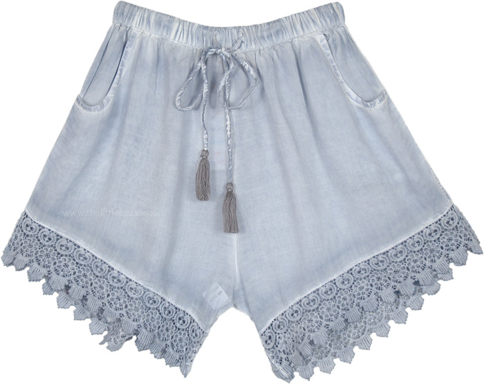 Cloud Grey Gypsy Summer Shorts with Crochet Hem