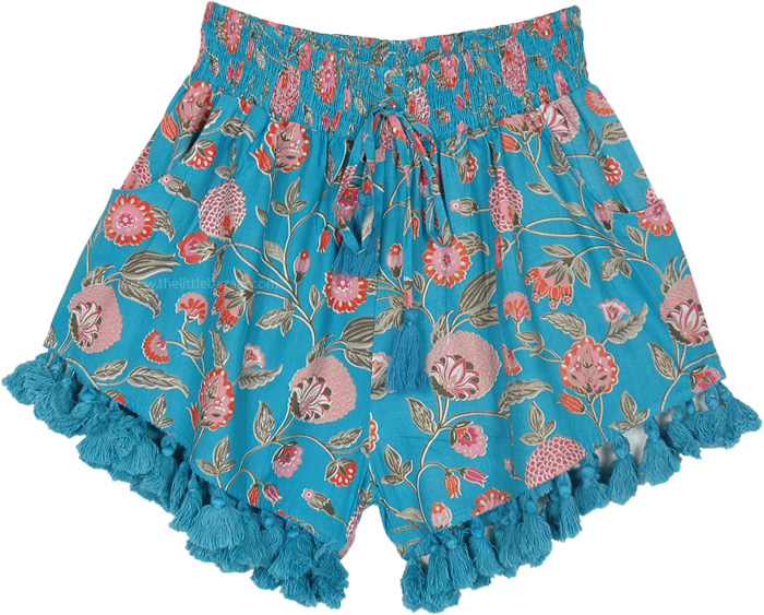 Boho Blue Floral Shorts Smocked Waist and Tassels